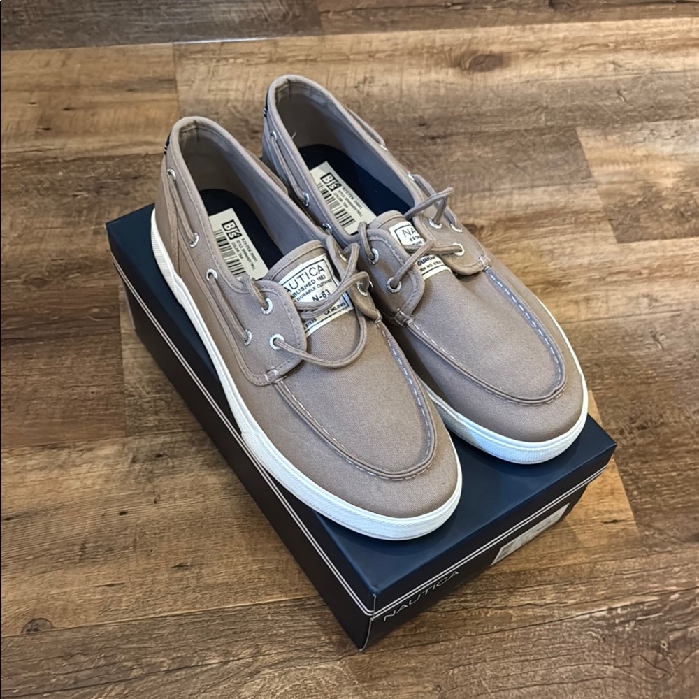 Nautica Tan and White Boat Shoes with Moc-Toe Design